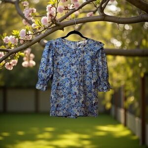 LOFT Petites Blue Floral Ruffle Sleeve Pintuck Blouse Womens Workwear Trendy #